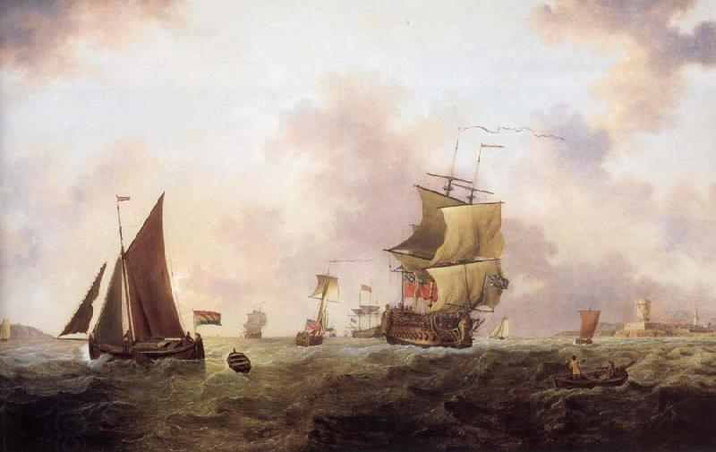 Francis Swaine A two-decker of the Royal Navy and other shipping off St.Peter Port oil painting picture